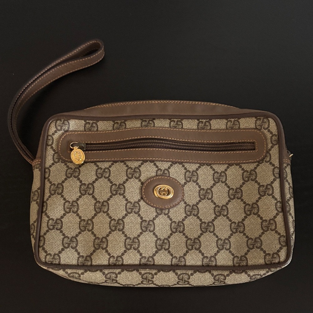 Gucci Beige and Brown Monogram Wristlet Pouch